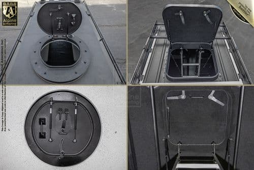 Four images of a rectangular vehicle rooftop with an open hatch reveal the interior setup and access details. Logos and text displaying "Alpine Armoring".