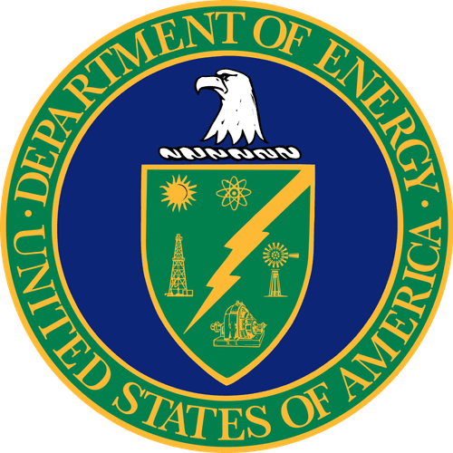 Seal of the United States Department of Energy featuring an eagle above a shield with a lightning bolt, an oil rig, an atom, and a nuclear power plant.