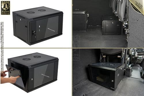 This is an image of a black equipment case with glass panels, shown in various contexts: standalone, in-car installation, and with an external control panel being attached.