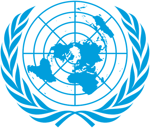 A blue United Nations emblem featuring a world map surrounded by olive branches.