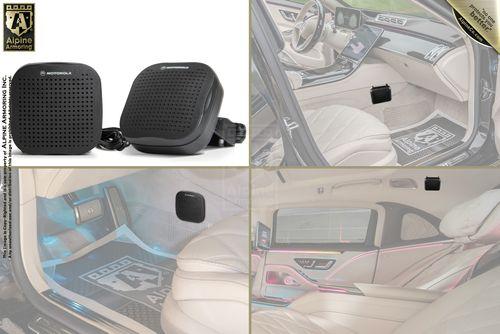 Two black Motorola speakers are shown in the top left, with three images depicting their placement inside a car's interior, showcasing different positions for optimal sound. Alpine Armoring branding is visible.