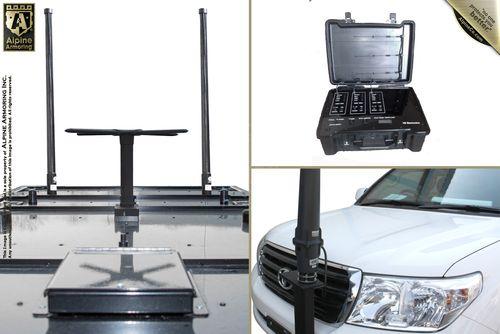 A black equipment installation on a vehicle, a close-up of a white vehicle's front with mounted equipment, and an open case showing electronic device screens.