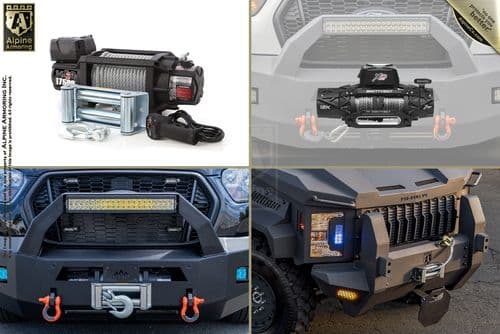 Collage of four images showcasing different vehicle winches and front bumpers equipped with LED light bars.