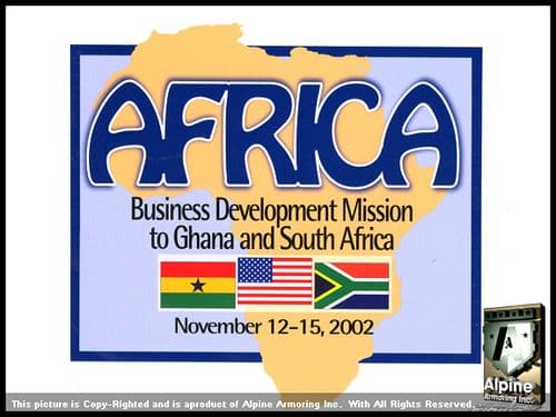 A graphic featuring a yellow outline of the African continent on a light blue background. Text reads "AFRICA Business Development Mission to Ghana and South Africa