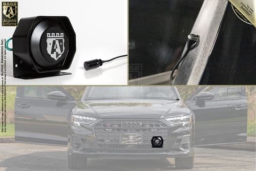 A montage showing an Alpine car alarm siren, a close-up of the wiring connected to a vehicle, and a black car with the alarm siren installed at the front grille.