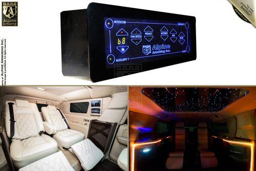 Collage of a luxury car interior featuring a control panel with illuminated buttons, white leather recliner seats in a spacious cabin, and an atmospheric lighting system on the ceiling.