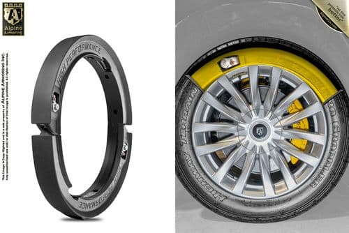 An Alpine Armoring tire lock is shown on the left, while on the right, a vehicle's wheel with a yellow brake caliper is showcased.